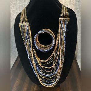Source Unknown Gold and Blue Beaded Necklace Set
